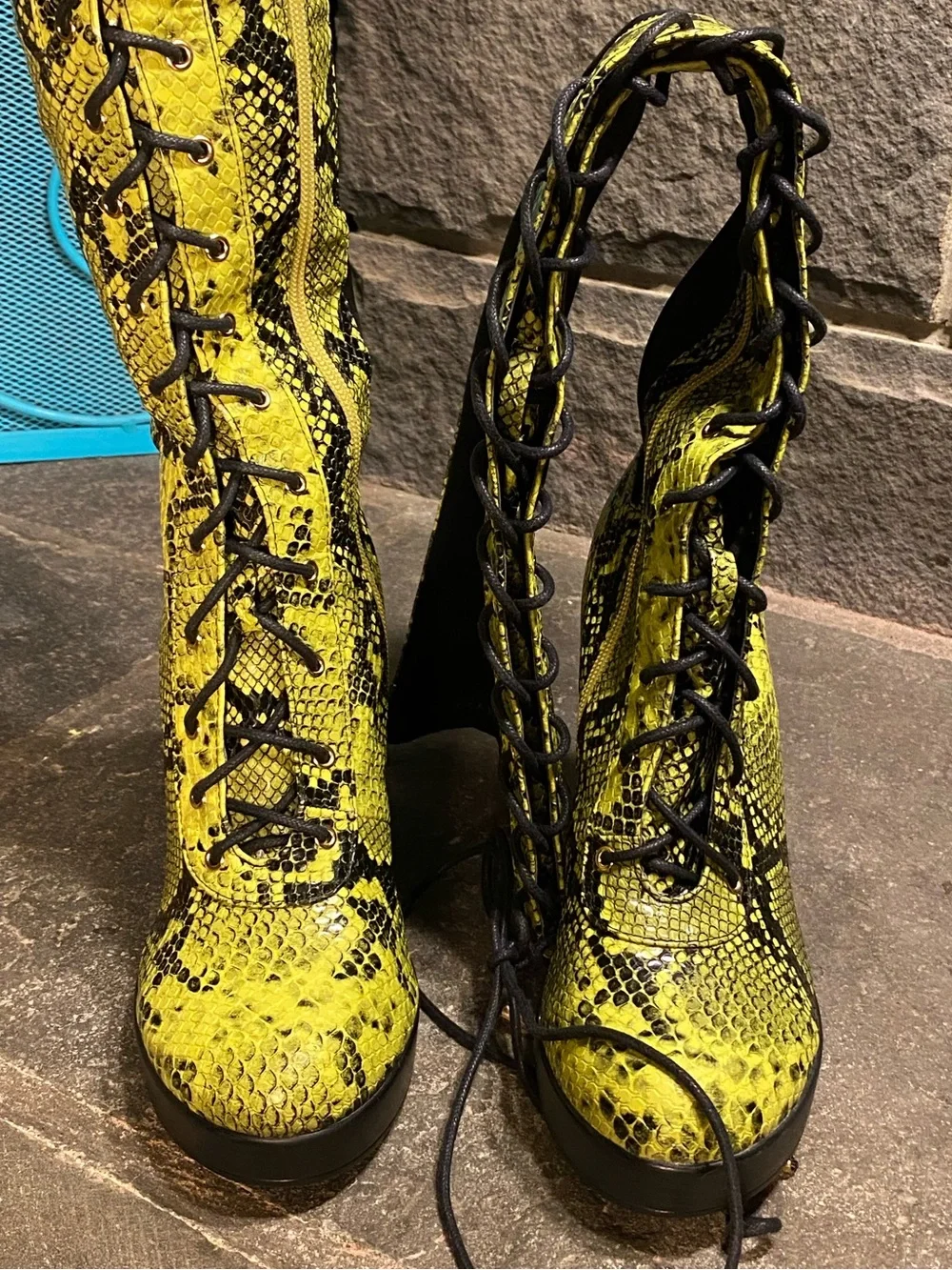 KILLSTAR Gothic Punk tall lace up boots,black/neon green snakeskin platform heel